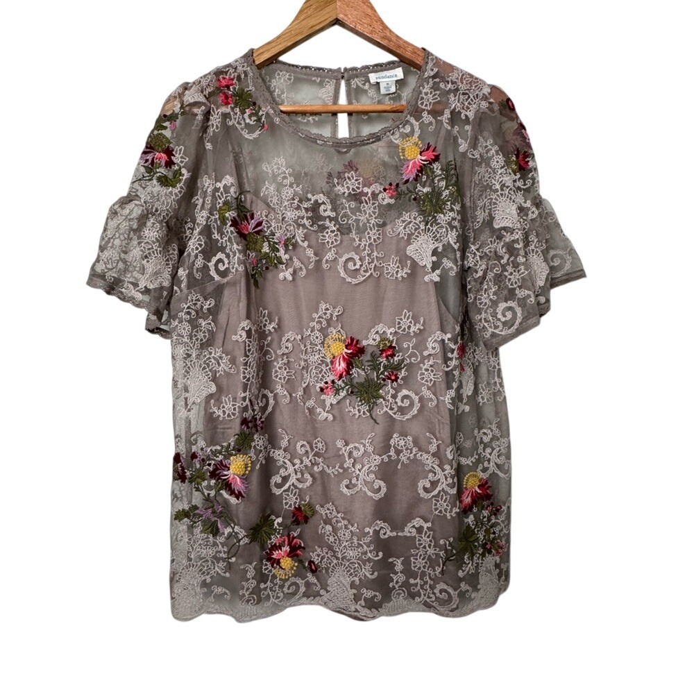 Sundance Lace Floral Embroidered Boho Blouse‎ Top Mushroom Taupe Medium NWOT